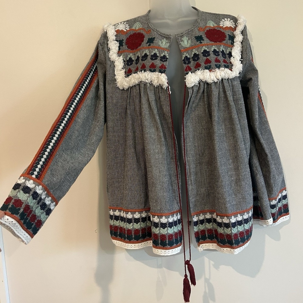 Velzera Boho Peasant Top Sz S Embroidered Open Front Tassels Folk  Hippie